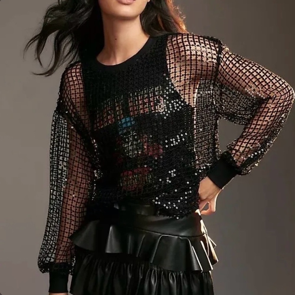 NEW Anthropologie Pilcro Guns N’ Roses Long-Sleeve Sequin Mesh Top